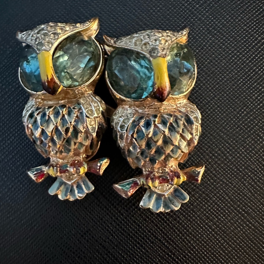 Coro brooch Duette Birds owl A Katz Des 1944s Sterling silver Enamel